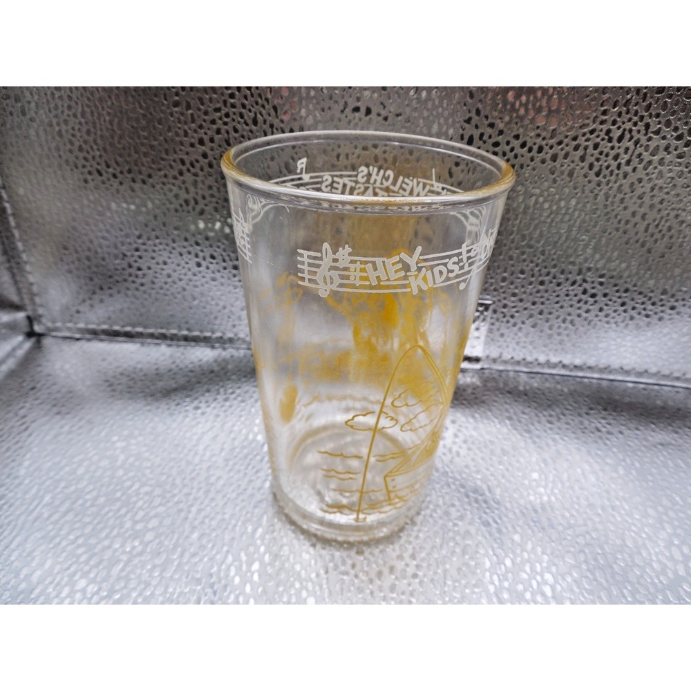 1953 Howdy Doody Welch's Jelly Glass "Hey Kids On Land Or Sea" Yellow Print 8 oz